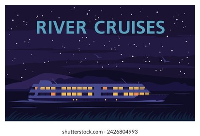 River cruise ship. Summer trip. Night landscape. Recreational waterway travel. Illustration in flat style.