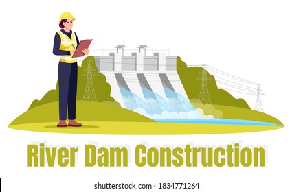 River dam construction semi flat RGB color vector illustration. Ecological engineering. Female ecologist in safety hat isolated cartoon character on white background with typography