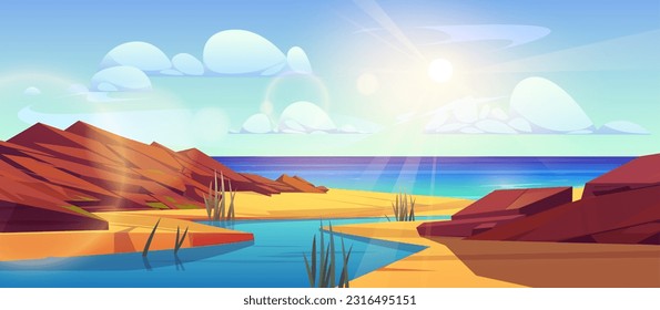 River delta landscape with water flowing into sea. Vector cartoon illustration of rocky stones, grass on sandy coast, bright sun shining in blue sky above seascape. Natural background for travel game