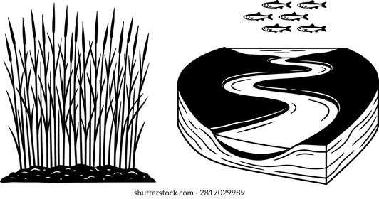 River Delta Wetland Ecosystem Vector Set with Marsh Reeds Isometric Cross Section Riverbed and School of Swimming Fish for Environmental Science Graphics.eps