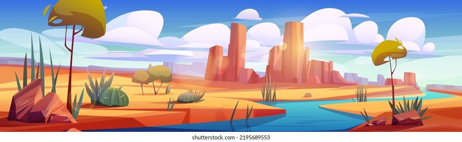 River in desert, beautiful oasis landscape with rocks, water stream, sand and plants under blue sky with clouds. Cartoon background for game, deserted nature, 2d panoramic scene, Vector illustration