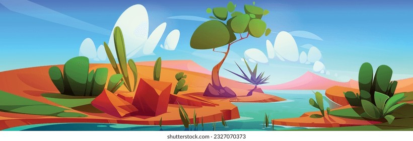 River in desert oasis cartoon vector landscape. Egypt Nile game panorama illustration with tree, cactus and water. Drought savannah scenery hills. Hot wilderness safari journey scene with blue sky