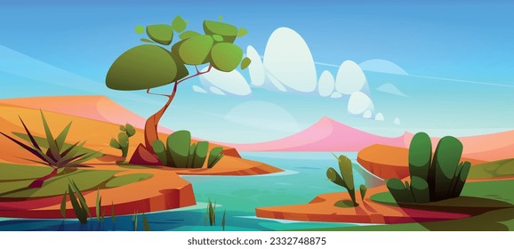 River in desert oasis cartoon vector landscape. Egypt Nile game panorama illustration with tree, cactus and water. Drought savannah scenery hills. Hot wilderness safari journey scene with blue sky