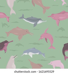 River dolphins seamless pattern. Marine mammals collection. Cartoon flat style design. Vector illustration
