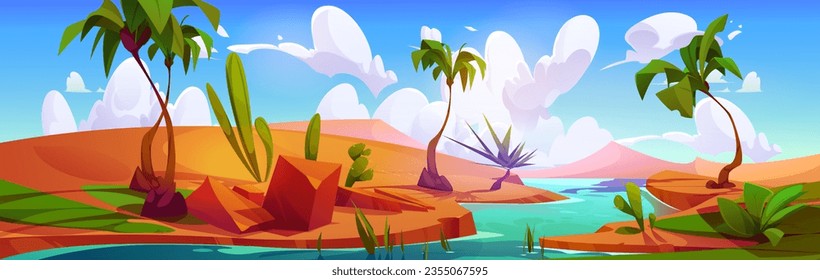 River in Egypt sand desert with palm tree vector. Hot ground and hills near nile. Oasis with cactus plant and bush environment location on sunny day. Drought rock terrain with stream water mirage