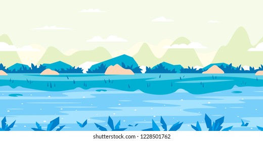 River with fast flow, small green plants and mountains in distance, river shore overgrown with bushes and big stones, nature game background in simple colors and flat style, tileable horizontally