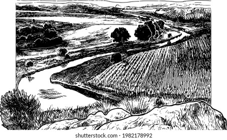 River  fields  stones  vintage rural landscape engraving  Black   white farm scenery  Hand drawn countryside retro graphic