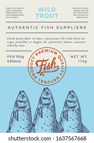 River Fish Abstract Vector Packaging Design or Label. Modern Typography Banner, Hand Drawn Wild River Trout Silhouette with Lettering Logo Stamp. Color Paper Background Layout. Isolated.