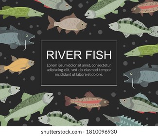 Plantilla de banner de pescado fluvial, mercado de mariscos, tienda, menú, diseño de embalaje Vector plano Ilustración