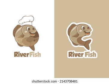 River fish character wearing chef hat mascot logo