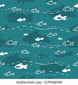 Río y pescado dibujados con un contorno blanco sobre un fondo azul. Mundo subacuático estilizado. Ilustración vectorial plana. Patrón sin foco.