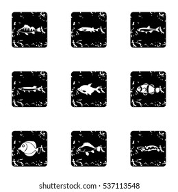River fish icons set. Grunge illustration of 9 river fish vector icons for web