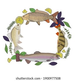 Peces de río con limón y especias dibujadas a mano, marco colorido. Menú de alimentos, plantilla de banner.Ilustración vectorial.