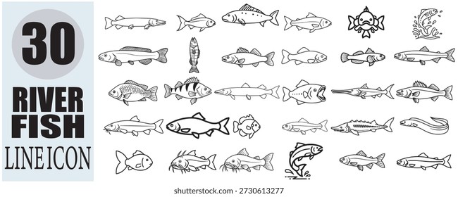  river fish line icon collection on white background