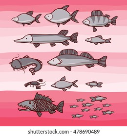 River fish set. Hand drawn cartoon vector illustration.