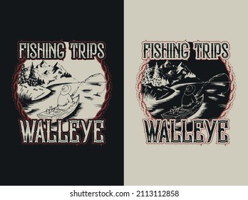 River fishing catch t-shirt catching bite on hook, sheefish or catfish engraved vector tee