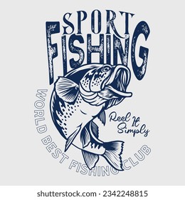 Planilla de impresión de camisetas de captura de peces del río con lucio del norte saltando del agua y capturando mordedura en ganchos, sepias o bagre grabado vectorial. Emblema del club de pesca, impresión de diseño personalizado de prendas de vestir