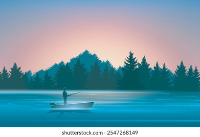 Salida del sol de pesca fluvial. Pescador en el barco que pesca en el lago de la montaña en la Ilustración vectorial del amanecer de la tarde