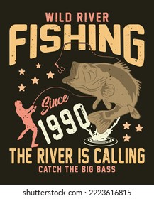 River fishing t-shirt design with vector graphics
