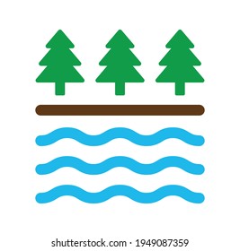 River flat icon vector illustration near wood forest with pine trees in national park.