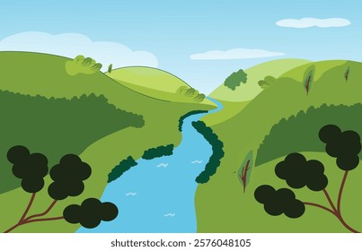 River floating between green hills ; landscape vector illustration with sky, coulds, river, hills ; countryside landscape, holiday , travel , season