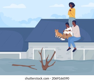 River flooding event flat color vector illustration. Suffering from extreme natural situation. Family with dog waiting on rooftop for rescuers 2D cartoon characters with cityscape on background