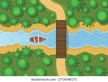 fluxo de rio com vista superior de barco com árvores