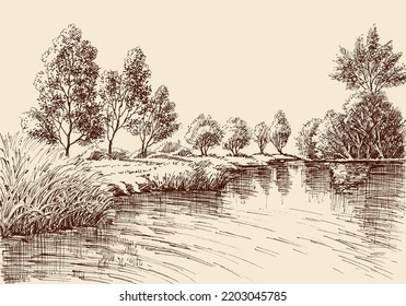 River flow and forest background. Relaxation in nature drawing