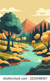 river flow with forrest mountain background view landscape flat color vector illustration