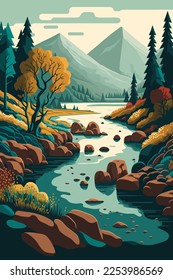 river flow with forrest mountain background view landscape flat color vector illustration