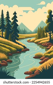 river flow with forrest mountain background view landscape flat color vector illustration