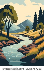 river flow with forrest mountain background view landscape flat color vector illustration