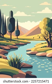 river flow with forrest mountain background view landscape flat color vector illustration