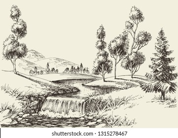 River flow landscape. Hand drawn nature background