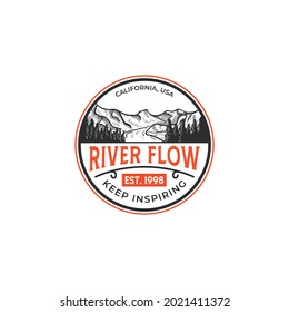 River flow, mountain exploring with engraving vintage retro hand drawn logo tamplate