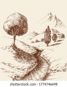 River flow in the mountains, forest hand drawn landscape