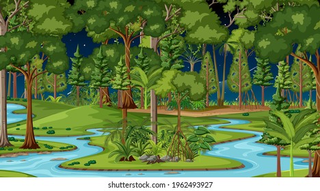River flow through the forest scene at night illustration