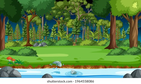 River flow through the forest scene at night illustration