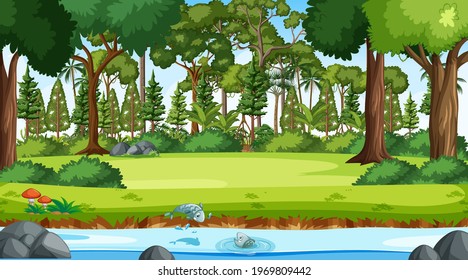 River flow through the forest scene at day time illustration