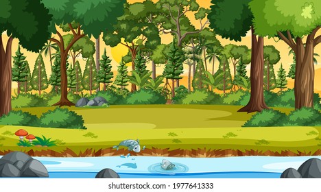 River flow through the forest scene at sunset time illustration