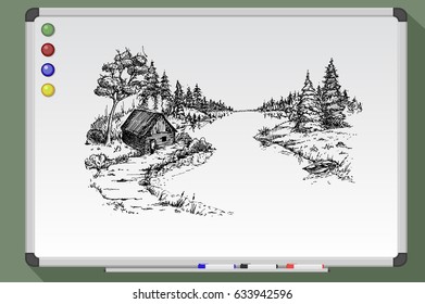 River flowing across beautiful forest. Landscape illustration. Hand drawn vector image
