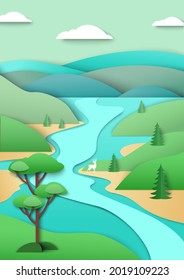 River flowing along beautiful green hills, mountains, vector illustration in paper art style. Nature landscape, environment conservation.