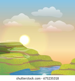 The river flowing between green, overgrown grass, hills. Beautiful morning summer or early autumn vector landscape can be used in newsletter, brochures, postcards, banner.