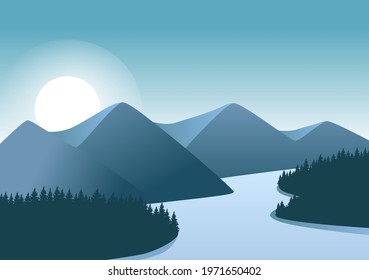 River flowing between the hills illustration. Blue picture