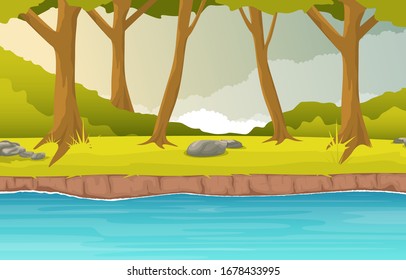 River Flowing Forest Environment Beautiful Rural Nature Landscape Illustration