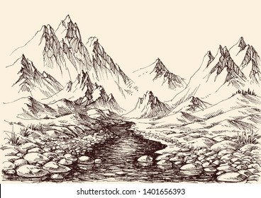 River flowing in the mountains. Hand drawn alpine landscape, pure water label design