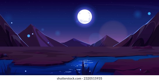 River flowing in night Sahara desert. Vector cartoon mountain illustration of hot sandy dunes landscape under full moon light, plants growing near water bank, glowworms flaring in air, starry sky