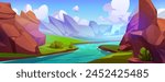 River flowing in rocky canyon valley. Vector cartoon illustration of stream with clear water, green bushes and grass, big brown stones under blue sunny sky with white fluffy clouds, game background