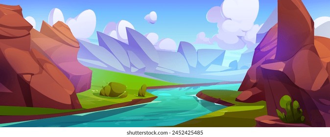 River flowing in rocky canyon valley. Vector cartoon illustration of stream with clear water, green bushes and grass, big brown stones under blue sunny sky with white fluffy clouds, game background