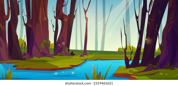 River flowing in summer forest. Vector cartoon illustration of sunny spring weather, green landscape with trees, blue sky with sun beam, stream or brook in valley, beautiful nature scene